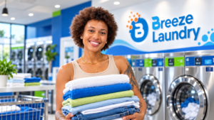 Nadya holding neatly folded laundry inside Breeze Laundry Westheimer in Houston