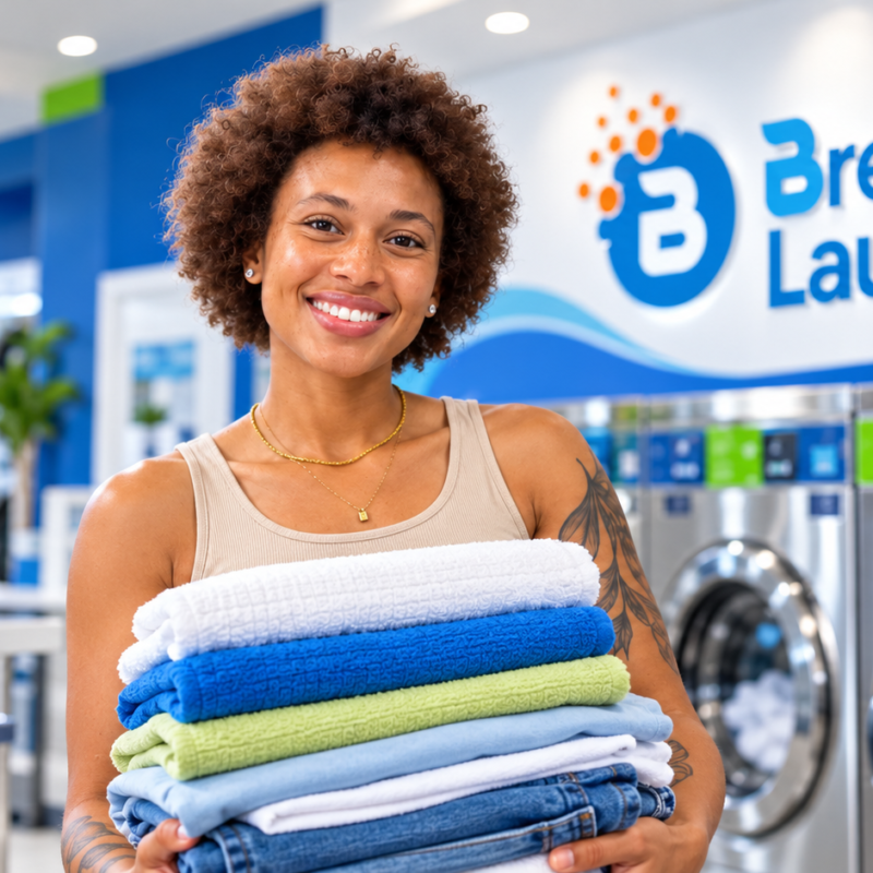 Nadya holding neatly folded laundry inside Breeze Laundry Westheimer in Houston