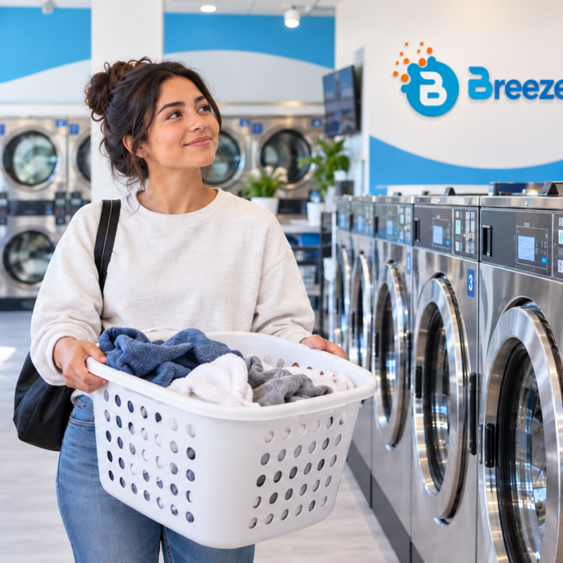 First-time customer holding a laundry basket inside a modern Breeze Laundry laundromat in Houston.
