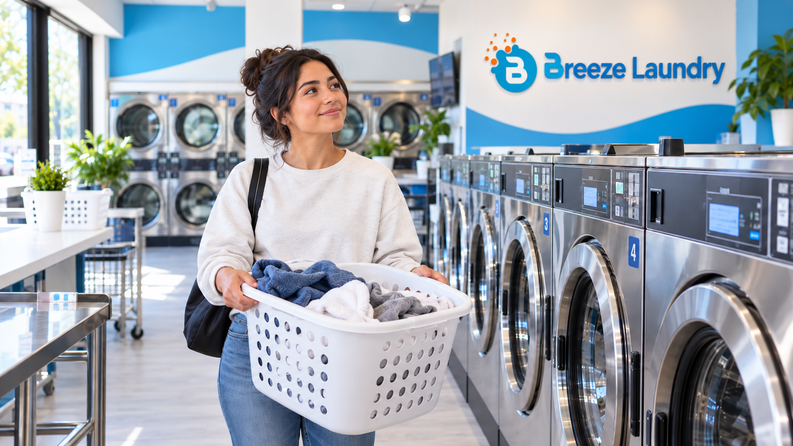 First-time customer holding a laundry basket inside a modern Breeze Laundry laundromat in Houston.