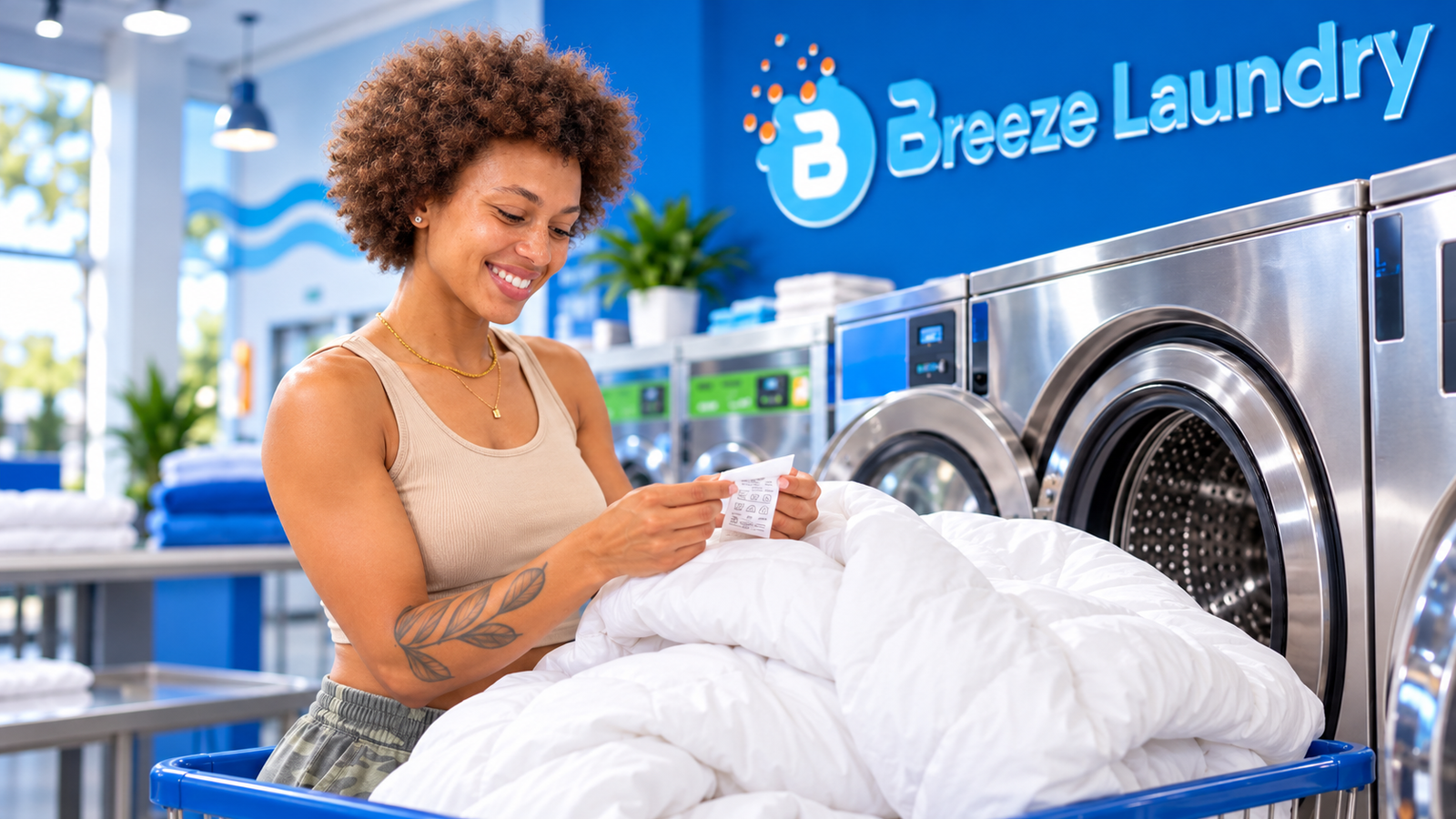 Nadya loading a bulky white comforter into an oversized washer at Breeze Laundry Westheimer