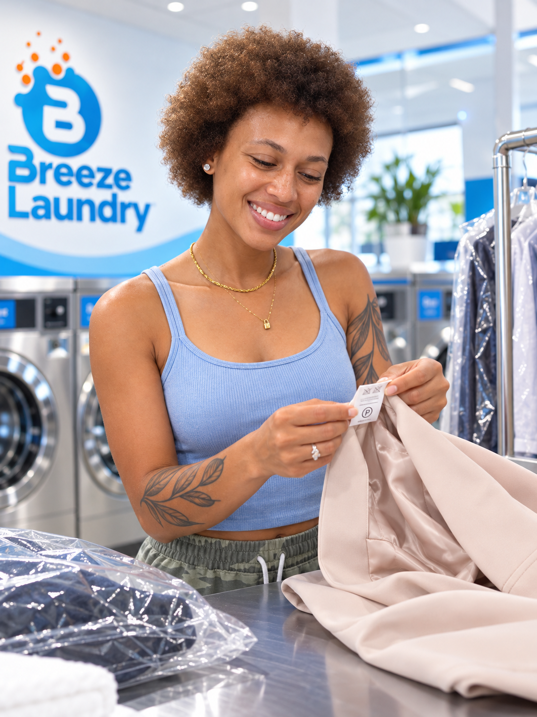 Nadya checking the care label on a delicate garment at Breeze Laundry Westheimer