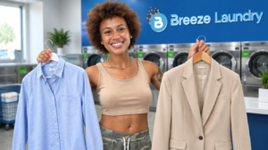 Nadya comparing a washable shirt and structured blazer at Breeze Laundry Westheimer