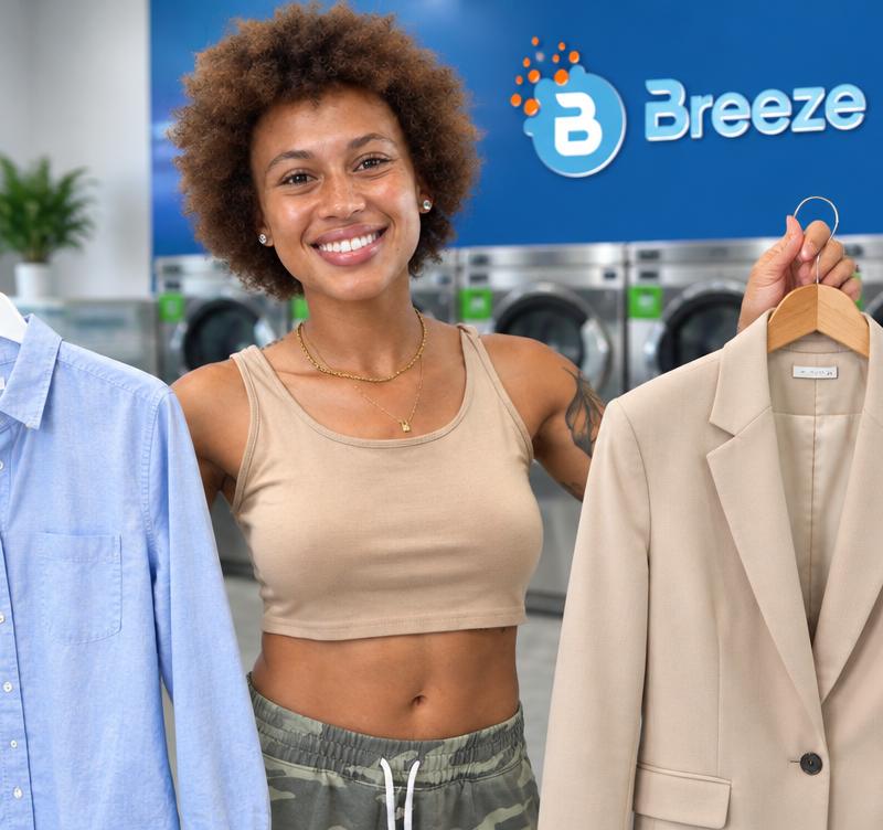 Nadya comparing a washable shirt and structured blazer at Breeze Laundry Westheimer