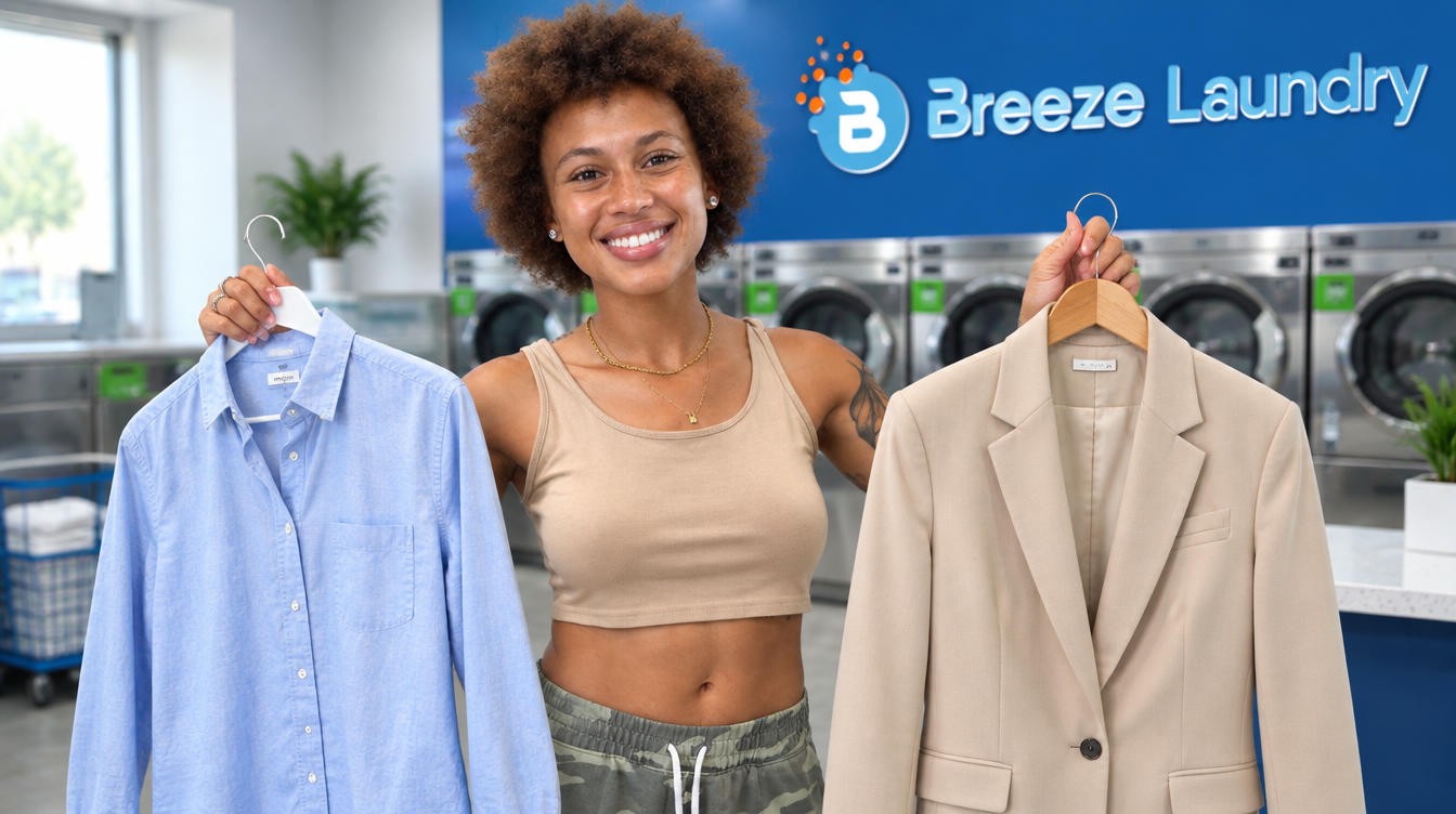COVER-IMAGE-ONLY-Photorealistic-commerc - Breeze Laundry Houston Nadya comparing a washable shirt and structured blazer at Breeze Laundry Westheimer