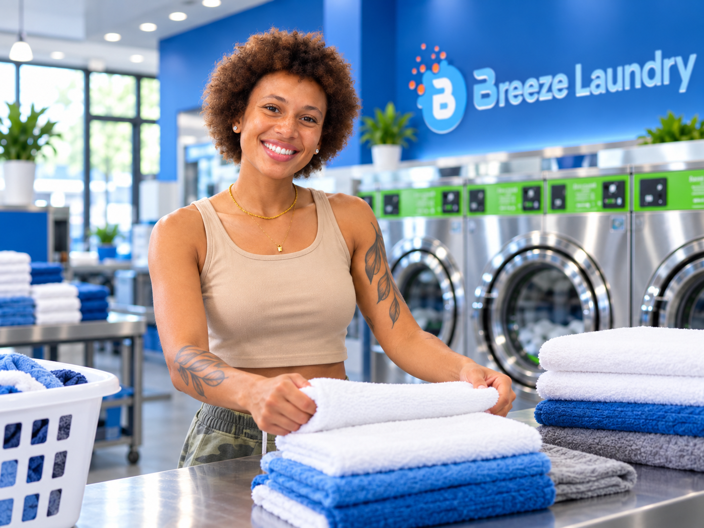 Nadya folding clean laundry at Breeze Laundry Westheimer in Houston