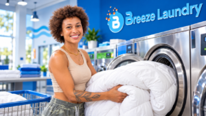 Nadya checking a comforter care label at Breeze Laundry Westheimer before washing