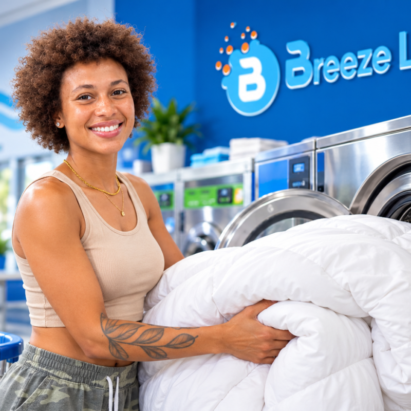 Nadya checking a comforter care label at Breeze Laundry Westheimer before washing