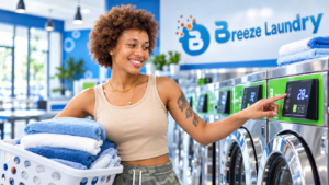 Woman checking washer time at Breeze Laundry Houston laundromat